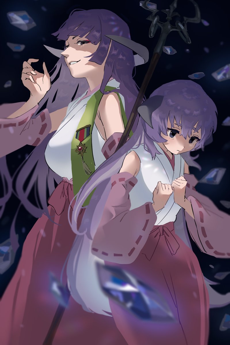 hanyuu 2girls multiple girls horns japanese clothes purple hair long hair detached sleeves  illustration images