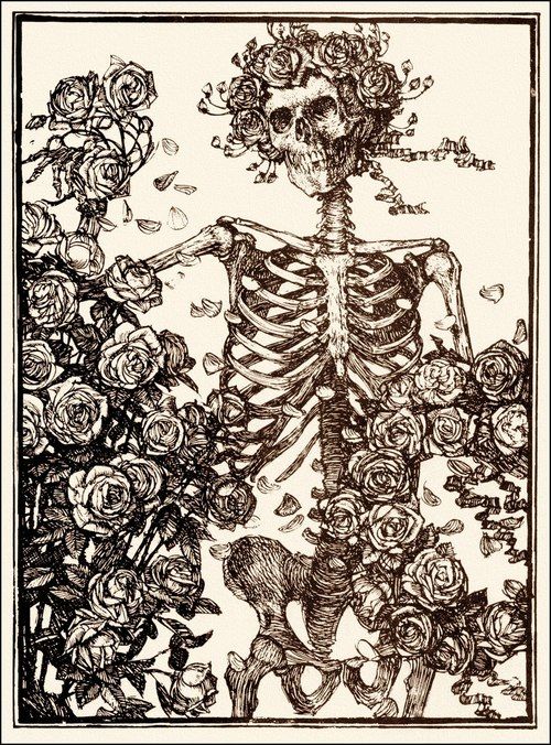 The Art of Album Covers .Edmund J. Sullivan's illustration to verse 26 of Fitzgerald's Rubáiyát of Omar Khayyám, 1913..Avalon Ballroom Skeleton and Roses, 1966, ink on illustration board by Alton Kelley and Stanley “Mouse” Miller..Grateful Dead - self titled, 1971.