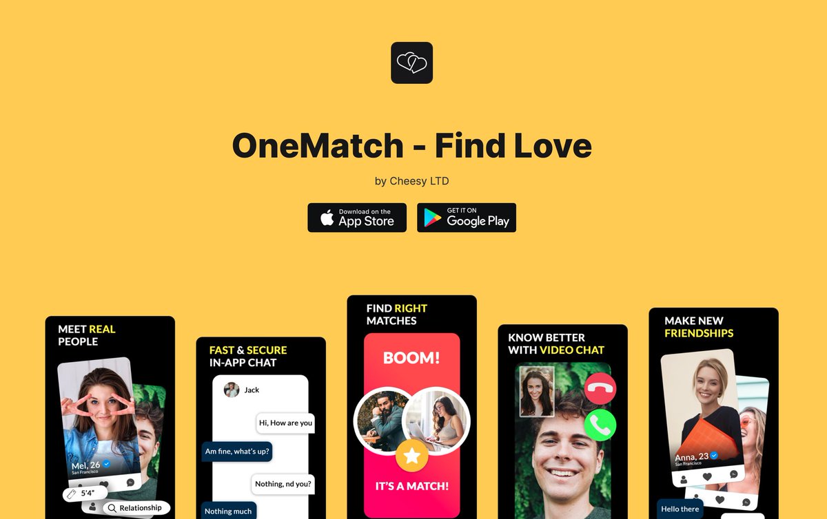 heyappect's tweet image. Here’s a great example of a landing page created with Appect:

✌🏻Custom domain
👍🏻 Privacy policy
⭐️ Reviews
🎉 Store links

Check it live on onematch.app