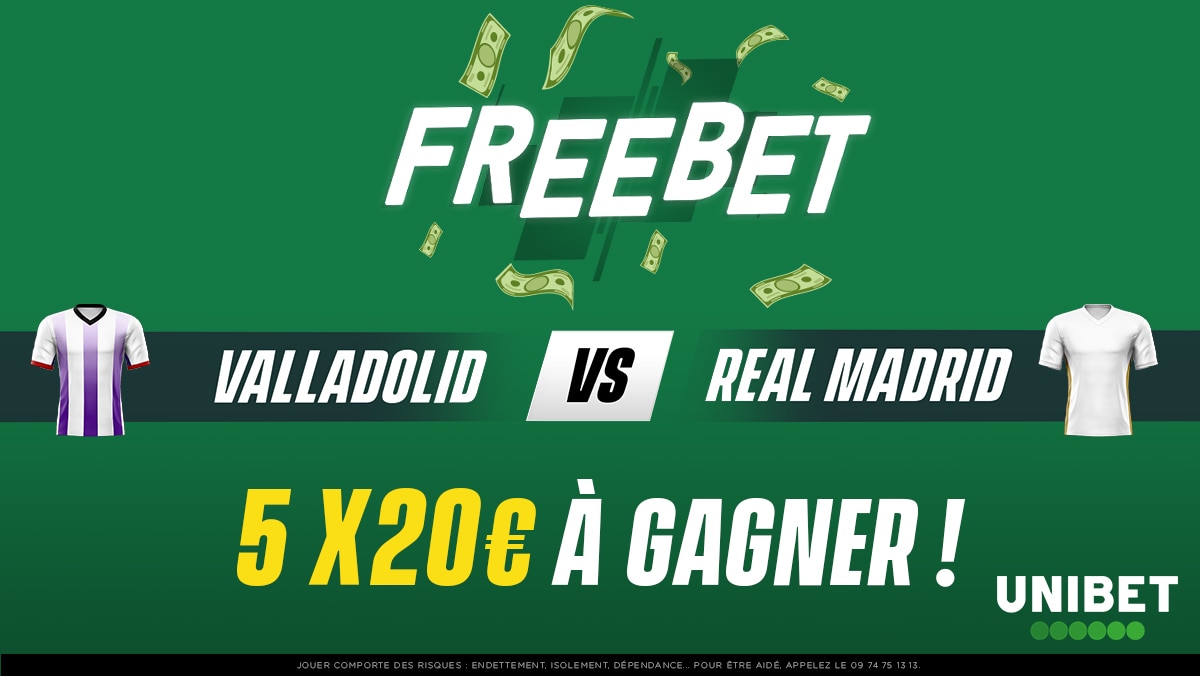 UnibetFrance's tweet image. 💸 5 x 20€ de freebets à gagner pour la rencontre Valladolid - Real Madrid ! Qui sera le premier buteur du match ? 

👉 RT/Follow + #FreebetUnibet + pseudo pour participer. 
⏳ Fin du jeu à 21h00.
🍀 TAS dimanche.