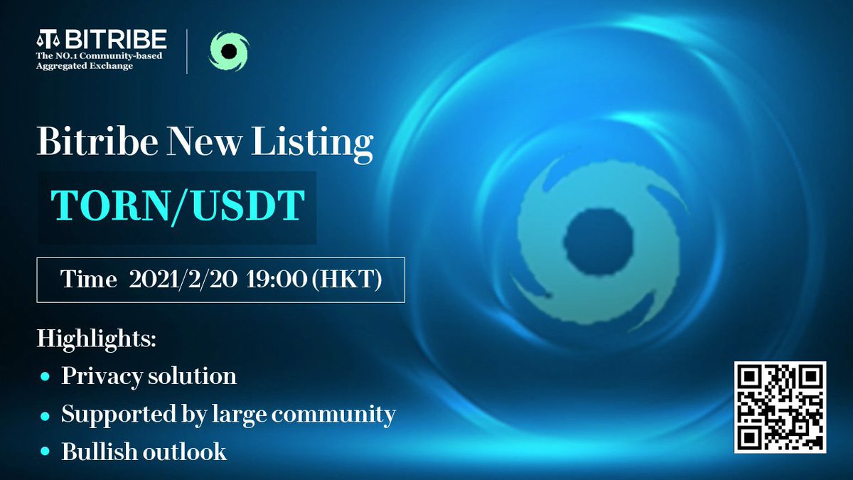Bitribeofficial's tweet image. New Crypto Listing : TORN/USDT

#Bitribe will list the TORN/USDT Pair.

Tornado Cash is a decentralized, non-custodial privacy solution built on Ethereum.

$TORN is supported by a large community with a bullish outlook.

Trade - 2021.2.20 19:00 (HKT)

Happy trading ~

@Sky201805