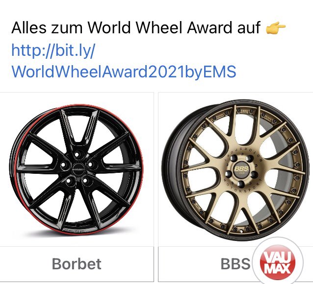 Was für ein spannendes 1. Halbfinale beim WORLD WHEEL AWARD!  Zwischen #Borbet und #BBS geht es hinundher. Aktuell liegt gerade BBS mit 56 % vorn. Aber es sind noch über 30 Minuten. Da ist noch alles drin!