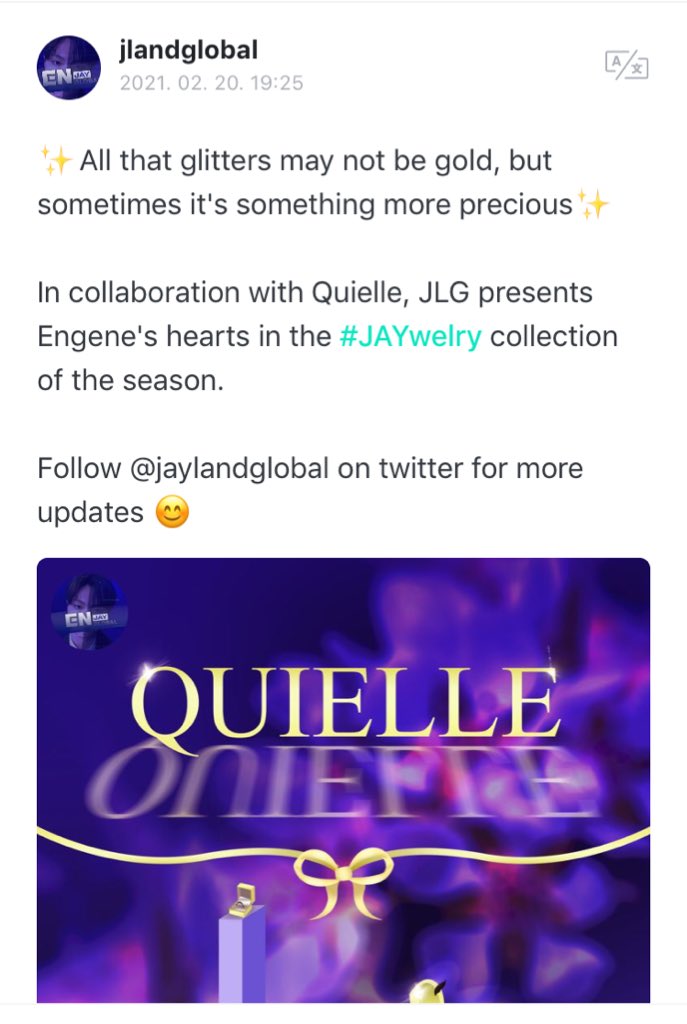 The Quielle x JLG #JAYwelry is now posted on Weverse ✨

Your cheer will truly bring us beam from ear to ear!

#JAY #제이 #ENHYPEN #엔하이픈
<a href="/ENHYPEN_members/">ENHYPEN</a> <a href="/ENHYPEN/">ENHYPEN OFFICIAL</a>
