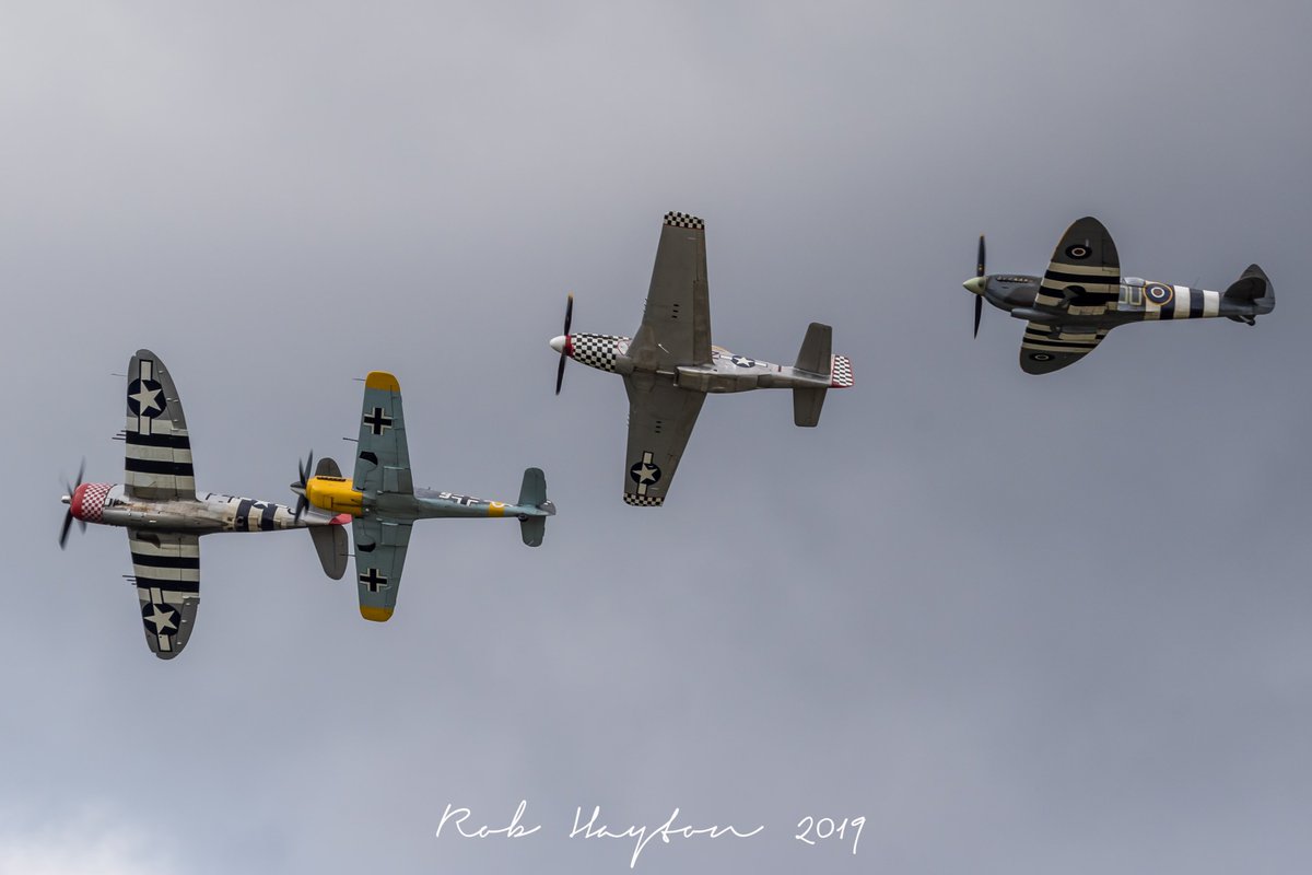 ShutterbugWGC's tweet photo. The @UltimateWarbird formation bank away in unison to head downwind for landing at Biggin Hill in 2019 @SocietySpitfire @Spitfire5518 #P47 #Thunderbolt #NellieB #AvGeek #White9 #P51D #ContraryMary #ML407 #GraceSpitfire https://t.co/wVeF0ZHxog