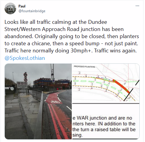 SpokesLothian's tweet photo. @justacwab @fountainbridge #DundeeStreet/WAR bad jn

We asked @Edinburgh_CC

[seems valid] closure would divert many🚙from #WAR to shopping streets #DalryRoad #Fountainbridge
[??] hump technical probs can't do in temporary scheme

🤔NB https://t.co/Jb1RpsIlUW last 10 years:
1🚶‍♀️injury, 0🚲[cf #CreweToll 14] https://t.co/1ExFEOpTPp
