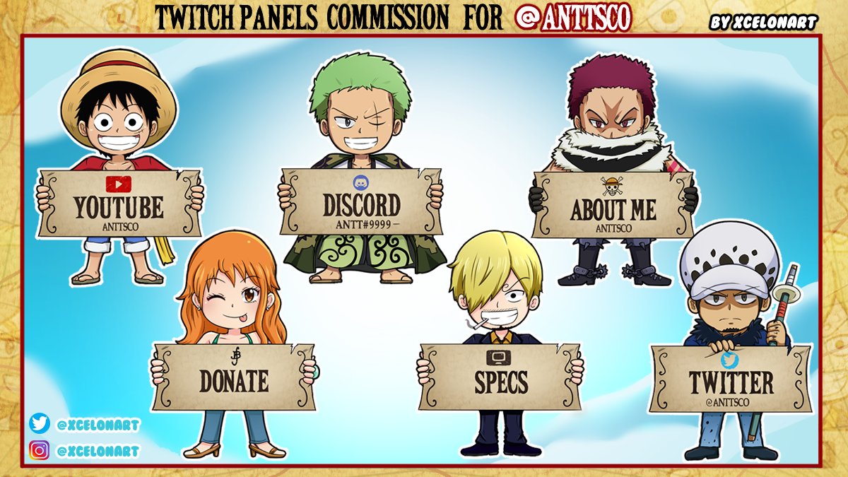 Twitch Panels for @Anttsco.
Thank you so much for commissioning me! 😊

#Twitch #Commissionsopen #OnePiece #TwitchPanel