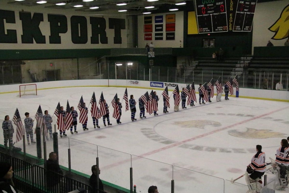 BportHSHockey's tweet photo. Game day vs. Geneseo @ 2:30pm this is also our annual Military Game to support our friends at the Brockport Area Veterans Club! 🏒❤️🤍💙🏒
Catch the livestream here: https://t.co/OK6E9uCkkZ https://t.co/kqkhMEFisN