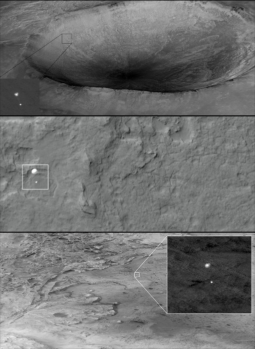 HiRISE's tweet photo. Like the Ramans, HiRISE does things in 3s! We’ve successfully imaged hardware descending three times: Phoenix in 2008 (top); Curiosity in 2012 (middle); and now, Perseverance!

See other special obersvations here: https://t.co/C795jR8lpU 

(HT: @jj_marlow ) https://t.co/al0zVinVMY