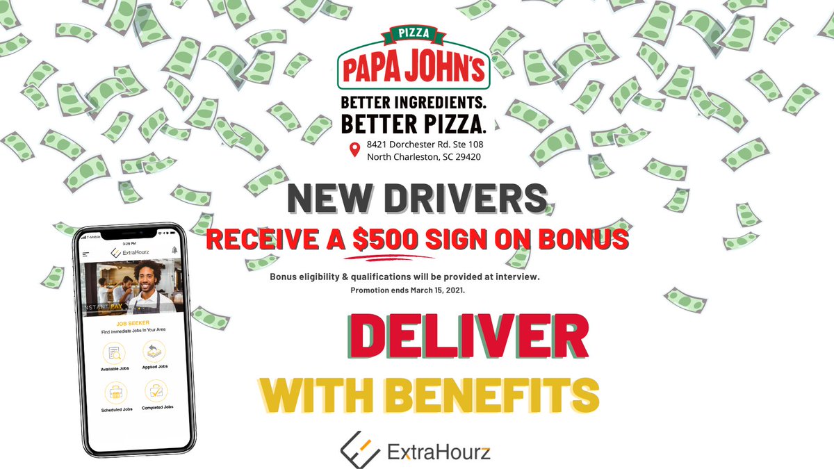 ExtraHourz's tweet photo. #Charleston! Join the Papa John's Delivery Team at Dorchester Road
➡ Flexible Shifts
➡ Good Pay
AND 500$ sign-in Bonus if you qualify (offer ends March 15th)
so download ExtraHourz and apply TODAY !
https://t.co/Bq9tNZaXXd

#ExtraHourz #Jobs #flexible #work #hiring #PapaJohns https://t.co/yRDAfxjaoN