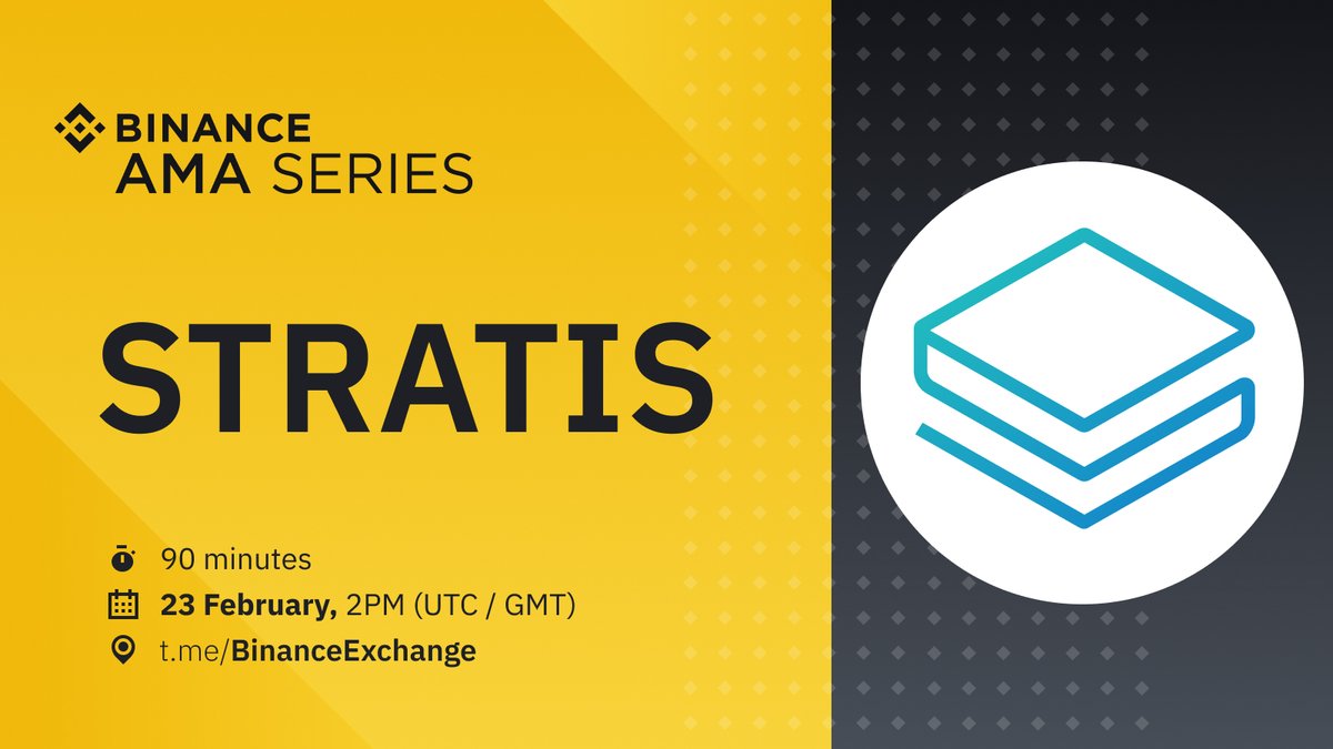 binance's tweet image. Join us on February 23🗓 at 2:00 PM UTC⌚️ for an AMA in the Binance English Telegram group with @Stratisplatform’s CEO and founder, Chris Trew!

There will be $3,000 in $STRAX to be won, so don&apos;t miss out and save the date! 🏆

Get involved here➡️ t.me/binanceexchange