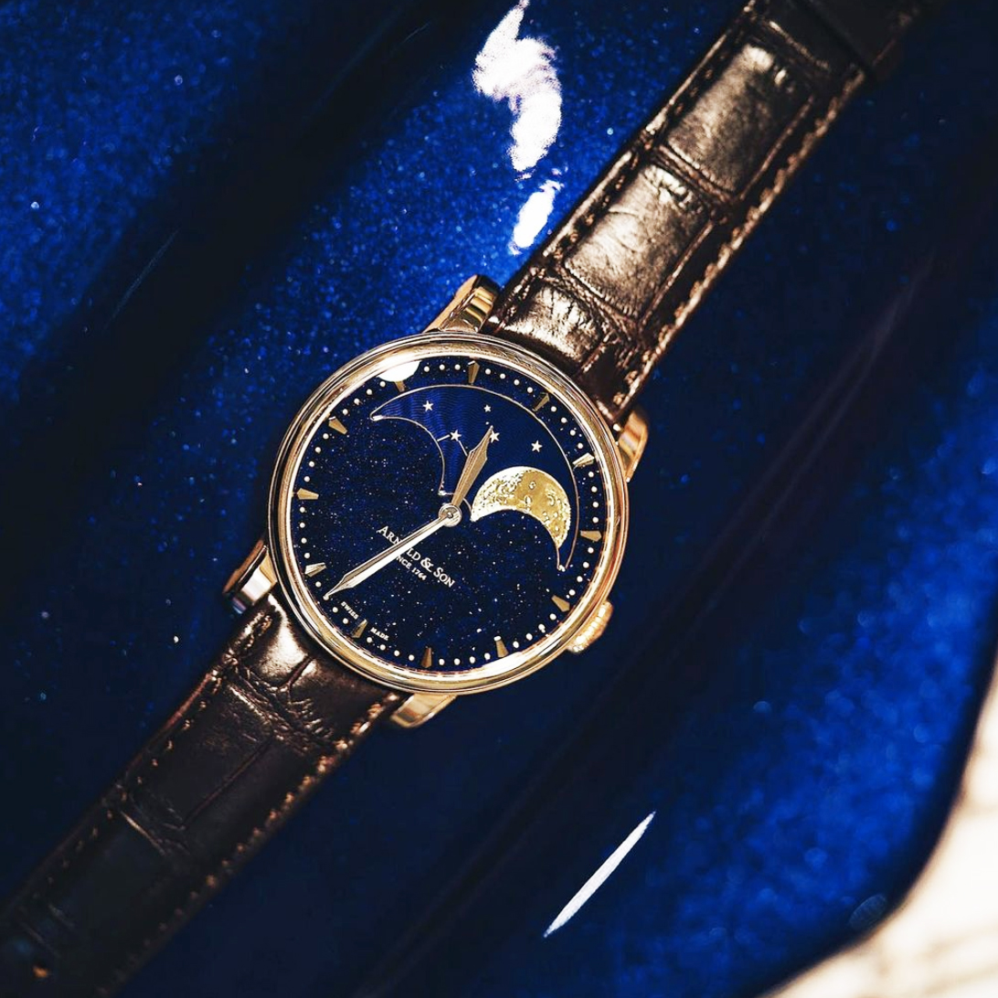 A most dazzling kind of blue, a perfect pairing with the largest moon phase display in a wristwatch: HM Perpetual Moon Aventurine. Explore more Arnold &amp; Son timepieces at #ProvidentJewelry.
