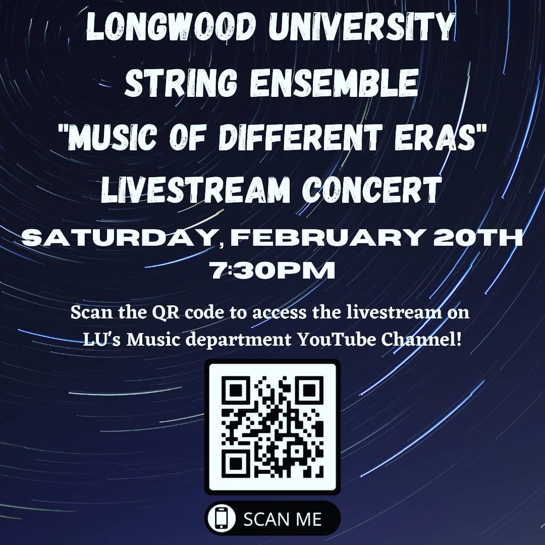 longwoodu's tweet photo. Longwood University String Ensemble "Music of Different Eras" Livestream Concert happening tonight (Saturday) February 20th, 7:30pm!
Featuring works and arrangements by Tchaikovsky, Bach, Ignatius Sancho, and Hans Zimmer.
#longwood_strings #stringmusicians #livestreamconcert https://t.co/GFgKzBzw70