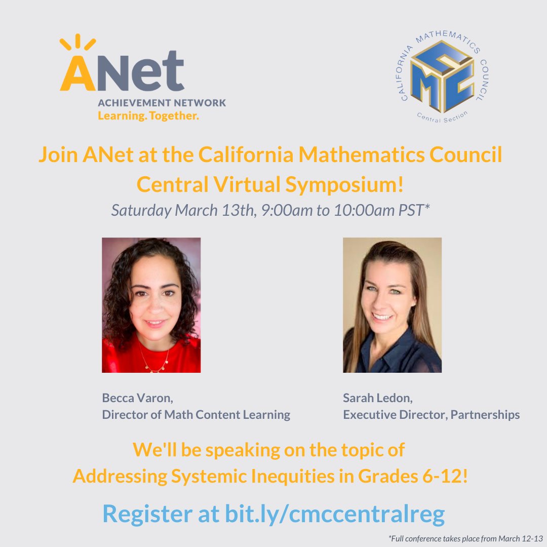AchievementNet's tweet photo. Join ANet's @SarahLedon and @BeccaVaron on Saturday March 13th from 9am to 10am PST as they discuss Addressing Systemic Inequities in Grades 6 through 12! Register at https://t.co/xQtcsfwusn

#CMCMath #ANetIsMovingTheNeedle #LearningTogether #Principals #SchoolLeaders #Equity https://t.co/4HHUkT5YtU