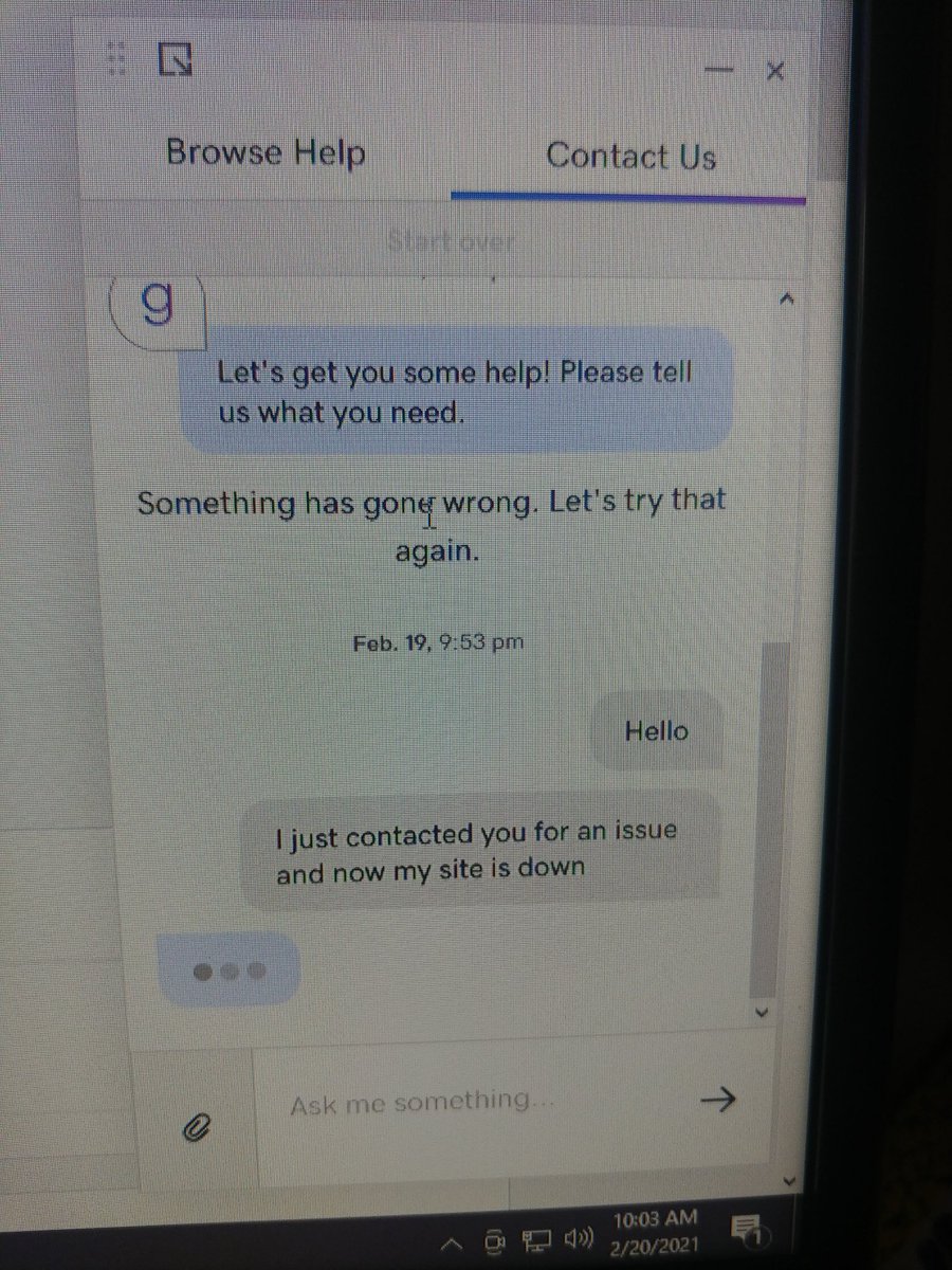 Lchmst's tweet photo. Contacted @GoDaddy cstmr srvc last night w/ a staging site issue. Told an expert team will contact me in 24 hrs(2nd time this week) and now main site is down. Went back last night, now cstmr srvc chat is down. Cool #godaddyrocks #customerservice #whatsthat #avoidgodaddy https://t.co/lJzxktzb7S