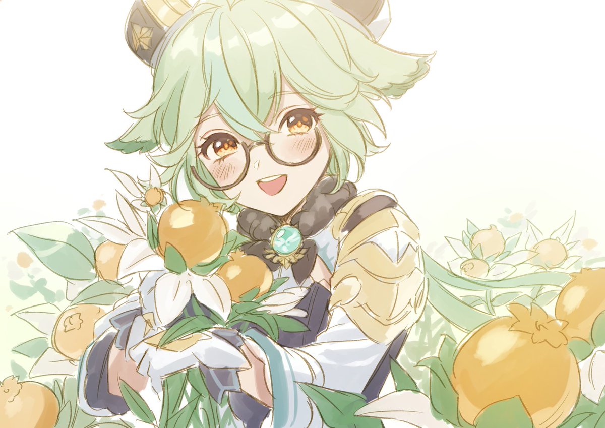 sucrose (genshin impact) 1girl vision (genshin impact) flower solo green hair glasses gloves  illustration images