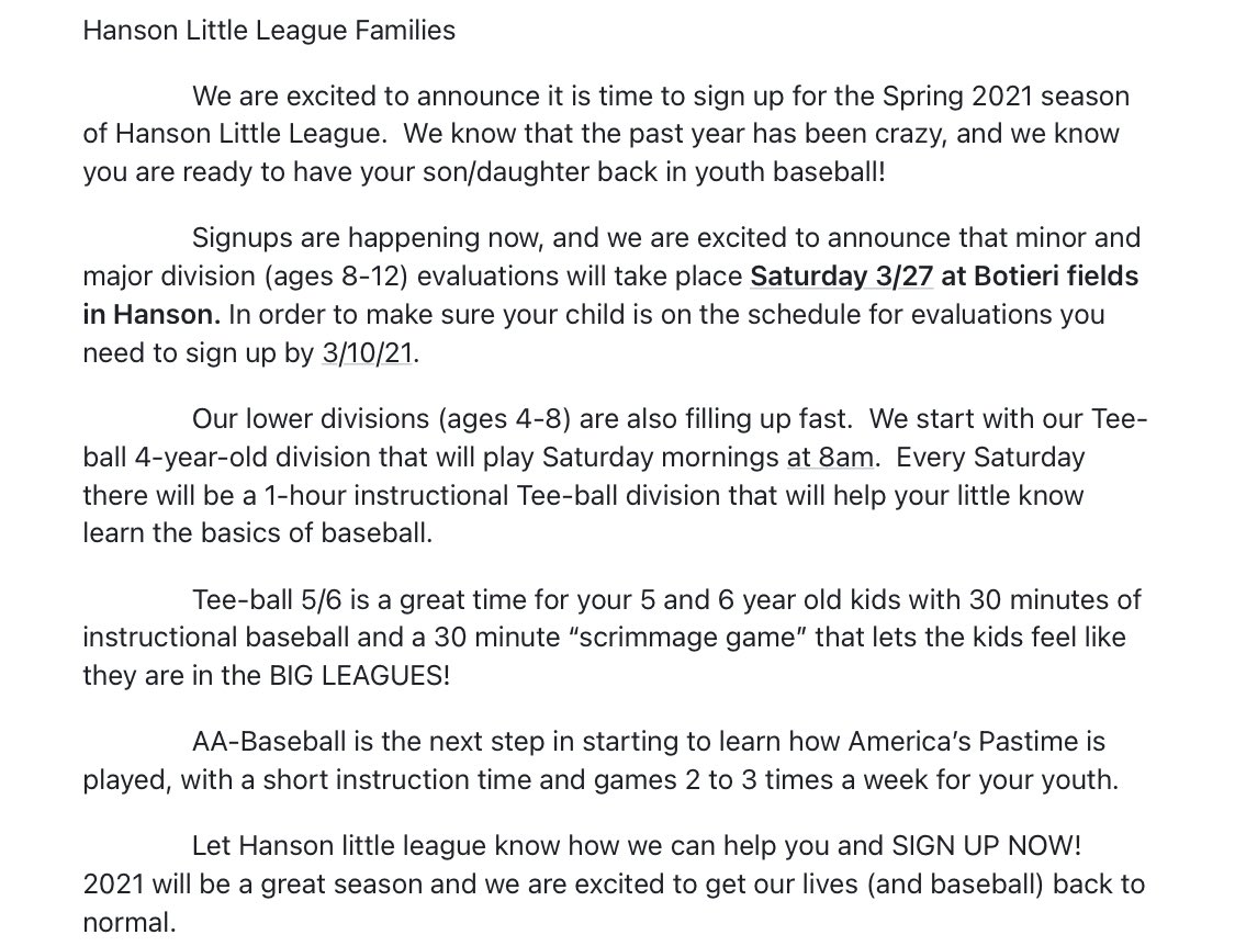 HansonLL02341's tweet photo. Note: minor and major division (ages 8-12) evaluations will take place Saturday 3/27 at the Botieri field complex in Hanson. Sign up today at https://t.co/5JjCrMiym4 #HansonMA @HansonMA02341 https://t.co/OFuHB738ko