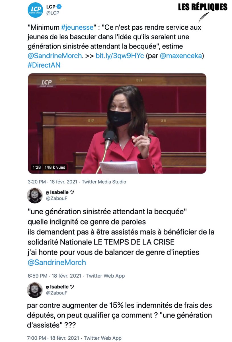 Les_Repliques's tweet photo. La députée LaREM @SandrineMorch explique pourquoi elle est contre le minimum jeunesse

@ZabouF https://t.co/xZojSnc2Ww