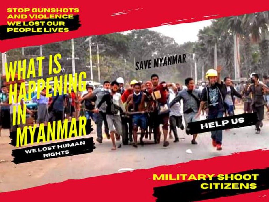 Thin Lae Yee Soe (@thinlaeyeesoe1) on Twitter photo Photo of community workers rushing a protestor, who got his brain blown by military thug, to emergency care. He soon passed away. He was only 14. He is too young to fall asleep forever
#WhatsHappeninglnMyanmar
#Feb20Coup
#Mandalay Photo of community workers rushing a protestor, who got his brain blown by military thug, to emergency care. He soon passed away. He was only 14. He is too young to fall asleep forever
#WhatsHappeninglnMyanmar
#Feb20Coup
#Mandalay