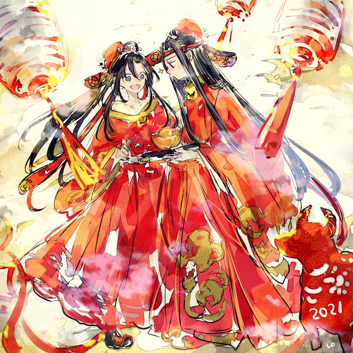 chinese clothes long hair black hair headband open mouth lantern holding  illustration images