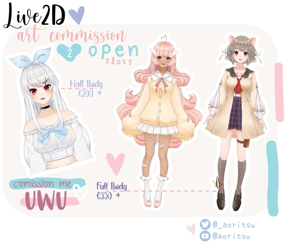 Hello uwu 👁️👄👁️My Live2D Model commissions are open for 2 slots! Pricing will depend on complexity starting from €200+ 

More info: aoritsu.carrd.co

#Live2D #VTuber #ENVtuber