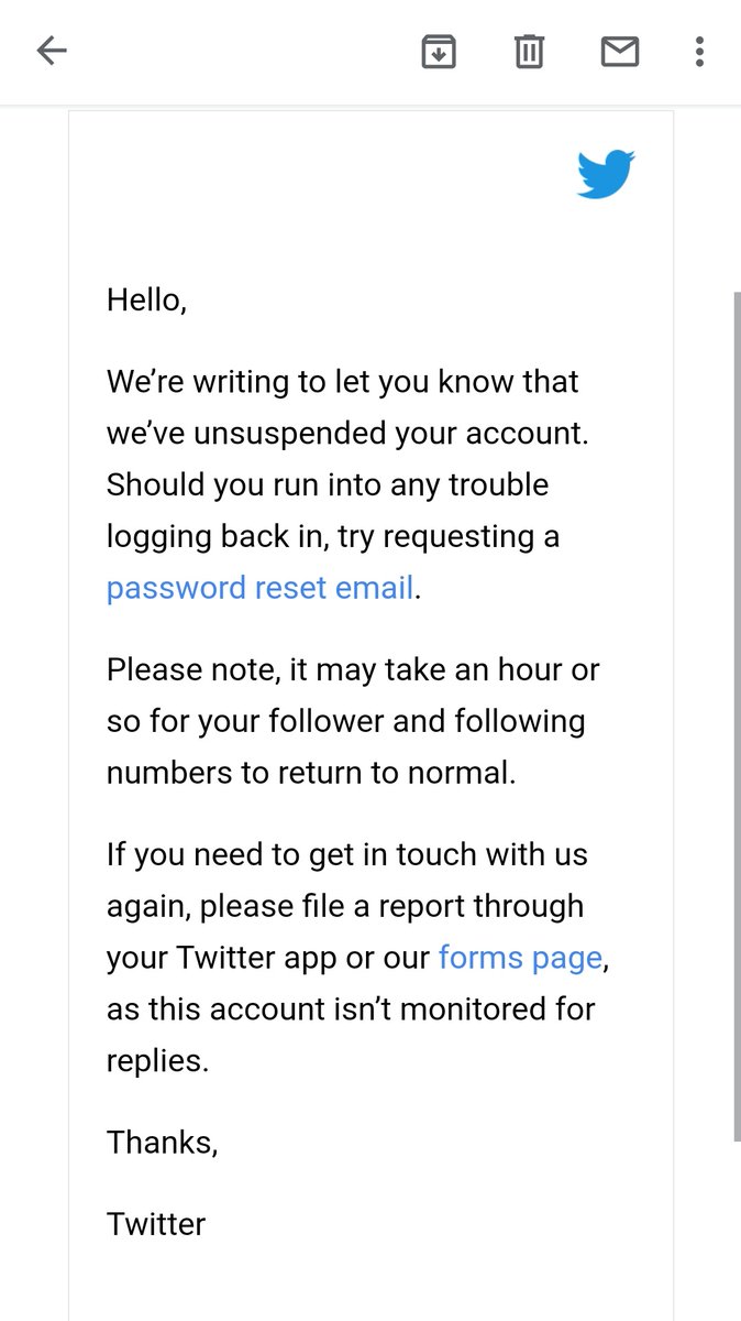 บอกต่อหน่อยครับ ช่วงนี้แอคระงับเยอะมาก ใครได้แอคคืนแล้ว แต่อีเมลตอบกลับแบบนี้ ให้ไปเปลี่ยนเบอร์ + รีเซ็ตรหัส นะครับ ไม่ใช่แค่เปลี่ยนนะ กดตรงเราลืมรหัสแล้วรีเซ็ตเลย ไม่งั้นจะโดนทวิตนะงับอีกเป็นรอบที่2ครั้งนี้จะได้ยากขึ้นน้า 🤍.🤍