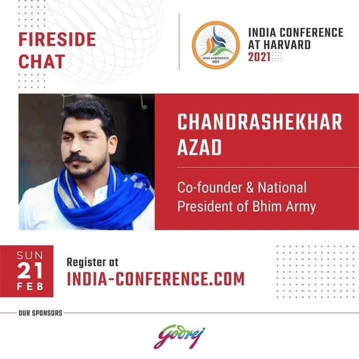 BhimArmysher's tweet photo. कल 21/02/2021 को माननीय चन्द्र शेखर आजाद जी का हार्वर्ड इंडिया कॉन्फ्रेंस में ऑनलाइन व्याख्यान रात 8:30 बजे से होगा। @AzadSamajParty @BhimArmyChief @Bhimarmy_BEM https://t.co/U67OnHcxfO https://t.co/xCAfpvBifW