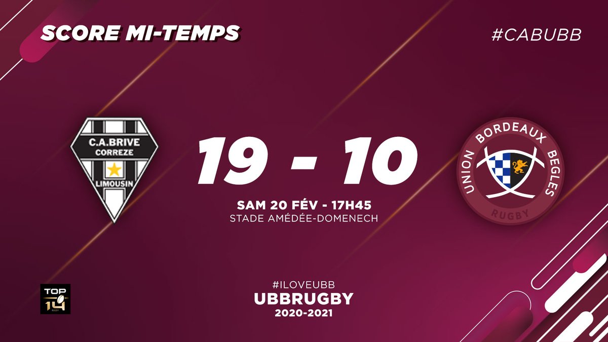 UBBrugby's tweet image. C'est la mi-temps à Amédée-Domenech !
L'UBB est menée mais débutera la deuxième période avec le vent ☝
#CABUBB #ILOVEUBB