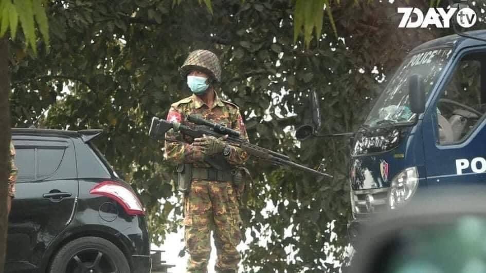 SNIPER: A Myanmar army sniper is seen now at the Mandalay crackdown, picture’s screenshot from the local media 7Day TV’s video coverage. #WhatsHapppeningInMyanmar