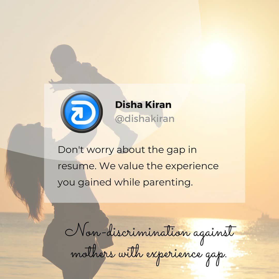 Disha Kiran's small steps towards 'Gender Diversity' . Non-discrimination against mother's with experience gap . . #diversity #genderequality #hrpolicy #startup #empowerment #dishakiran #lifedesigner #psychometrics #passion #mentor #followyourpassion #beyourself #designyourlife