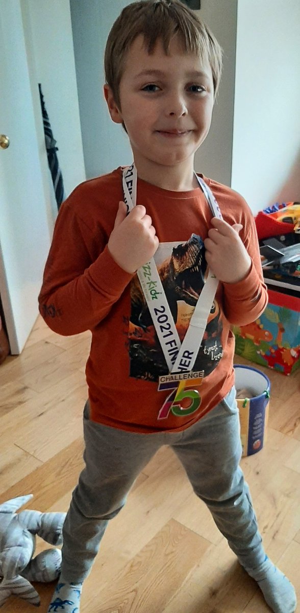 FashanJoanna's tweet photo. So my @WhizzKidz #challenge75 medal arrived this morning....it's already been 'borrowed'. Apparently he gets it for cheering me on! Lovely suprise to get through the post anyway. Looking forward to the next @WhizzKidz challenge https://t.co/4T8Tmh0Wws