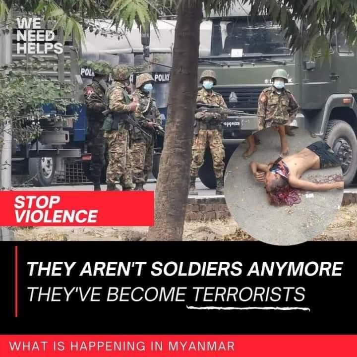 jace_justace's tweet photo. Myanmar soldiers become Terrorists! We civilian are unarmed and protest peacefully for democracy,now Mandalay became killing fields.

#SaveMyammar 
#CrimeAgainstHumanity 
#HearTheVoiceOfMyanmar 

@freya_cole @BBCWorld @KenRoth @RapporteurUn @USEmbassyBurma @eieioliva @MayWongCNA https://t.co/suGZX8VdyJ
