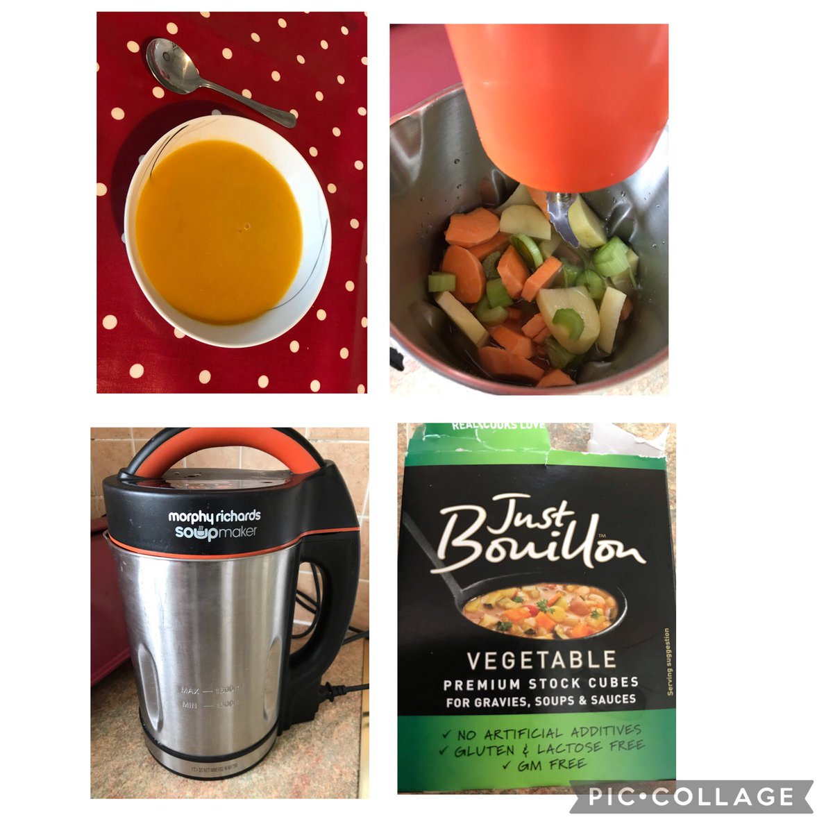 It’s a soup kind of day! Still one of the best appliances - the Morphy Richards soup maker! Throw in your veg, a gf stock cube, some water &amp; press go. Takes 21mins. This is a mixed veg soup. Lovely and tasty and heats you up with that miserable weather outside!