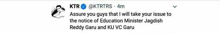 Deepika0408's tweet photo. 2 years means alot for graduating students sir,unlike people like you.
You promised #Kucet students &amp; as usual you forgot to deliver sir....!
Promising on global platform ,just for deceiving students isn't suits for a minister like you
@KTRTRS 
@TelanganaCMO 
@SabithaindraTRS https://t.co/b7iuJGVUKh