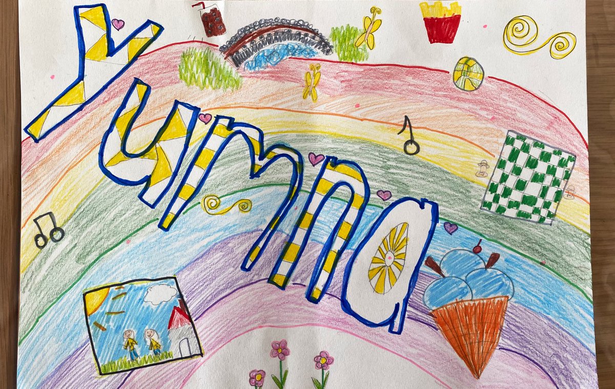 Shokina2's tweet photo. This half term kids have been participating in a Arts Camp run by @TowerHamletsNow via zoom! It kept them busy and occupied every afternoon! Here’s what Yumna made @JohnScurr_Sch @JoanneP63111066 
We made name art, landscape collage, greeting card and cardboard city https://t.co/kumCBA68im