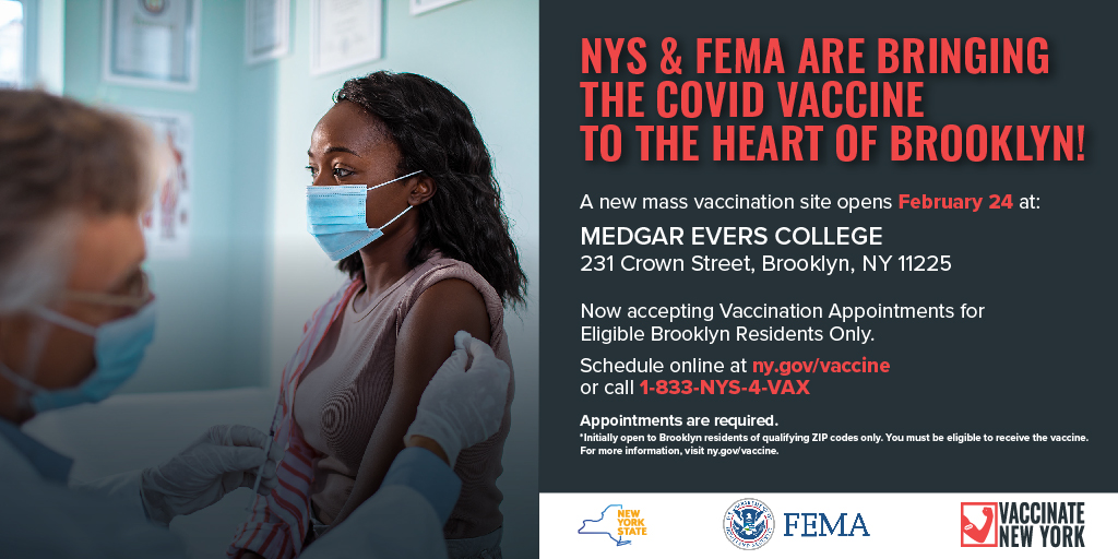 Lots of vaccine appointments now available at the new Medgar Evers College vax site in Brooklyn for eligible New Yorkers in the following ZIPs: 11206, 11221, 11216, 11238, 11225, 11213, 11233, 11207, 11208, 11236, 11212, 11203, 11226, 11210 Book Here: …eligible.covid19vaccine.health.ny.gov