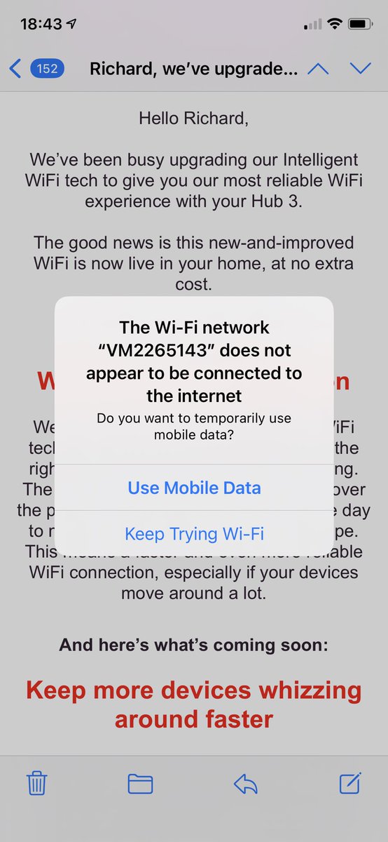 Thanks for the email <a href="/virginmedia/">Virgin Media ❤️</a> letting me know about the free upgrade on my WiFi shame it dropped out whilst reading the email! #crapWiFi