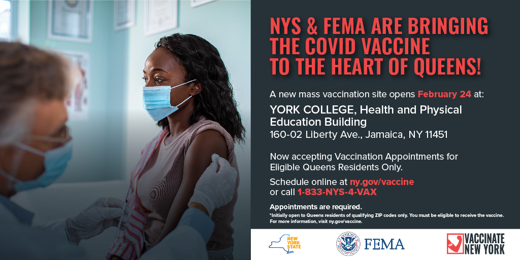 Vaccine appts are AVAILABLE at York College in Queens for eligible New Yorkers in these ZIPs: 11418, 11419, 11420, 11430, 11435, 11436, 11439, 11432, 11433, 11434, 11423, 11412, 11413, 11427, 11428, 11429, 11411, 11422, 11691, 11692, 11693 Book Here: …eligible.covid19vaccine.health.ny.gov