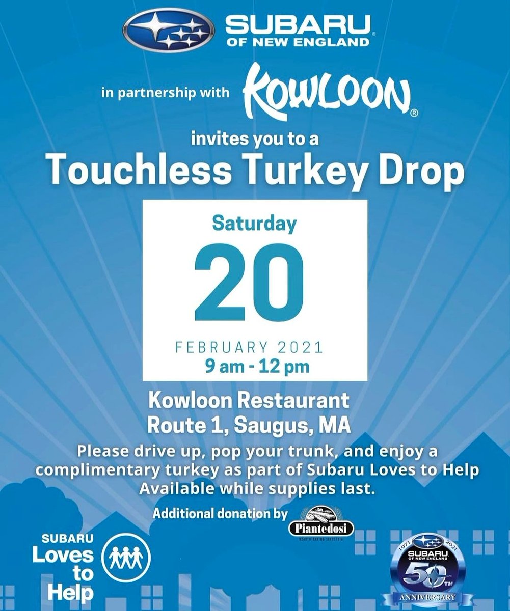 KowloonSaugus's tweet image. Thank you @ErnieBochJr and @SubaruOfNewEng here at Kowloon Restaurant for today's Turkey Drop.
#TurkeyDrop
#HelpingThoseInNeed