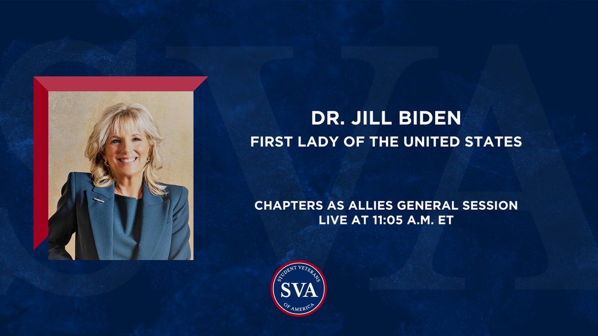 studentvets's tweet photo. SVA is honored to welcome 
@FLOTUS Jill Biden to speak at #NatCon2021 today. Join us at 11:05 a.m. ET! https://t.co/rVnL1pmgKK https://t.co/7cDE1lCo9w