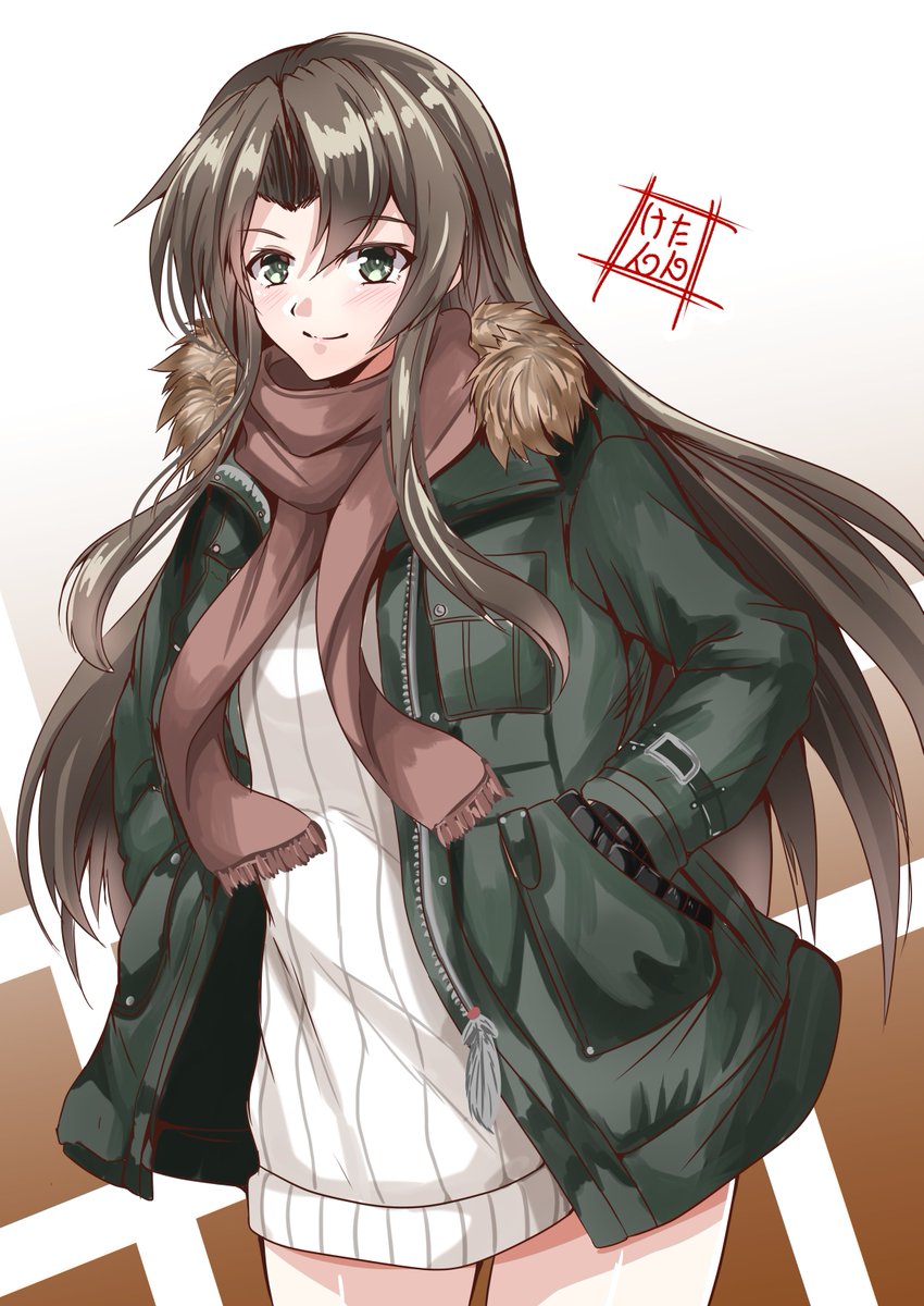 zuikaku (kancolle) 1girl long hair solo green eyes scarf sweater hands in pockets  illustration images