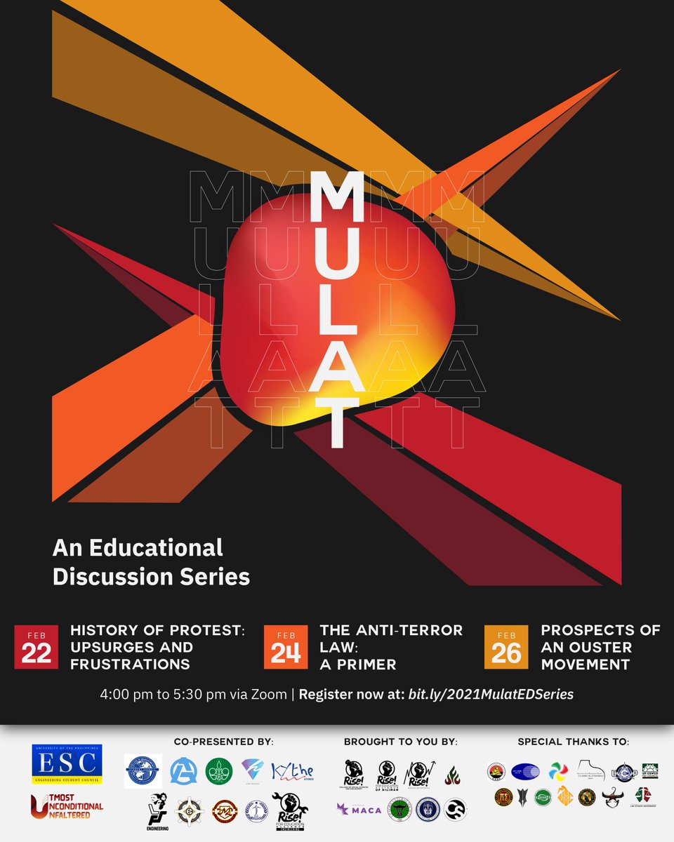 [Mulat: ED Series]
To broaden our perspectives and further strengthen our unities to defend the youth, the UP ESC presents its latest installation of MULAT: An Educational Discussion Series!

You may sign up through this link at bit.ly/2021MulatEDSer…!