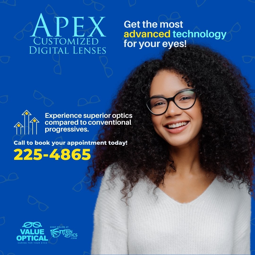ValueOpticalLtd's tweet image. Ask for APEX PLUS Digital Lenses when you need uncompromising comfortable vision from your eyewear.

Visit in-store or call our toll-free hotline 800-2020 to book your eye exam today!

#ApexDigitalLenses
#ValueOptical 
#CaringForYourEyes 
#Trinoptics 
#TransitionsSpecialists