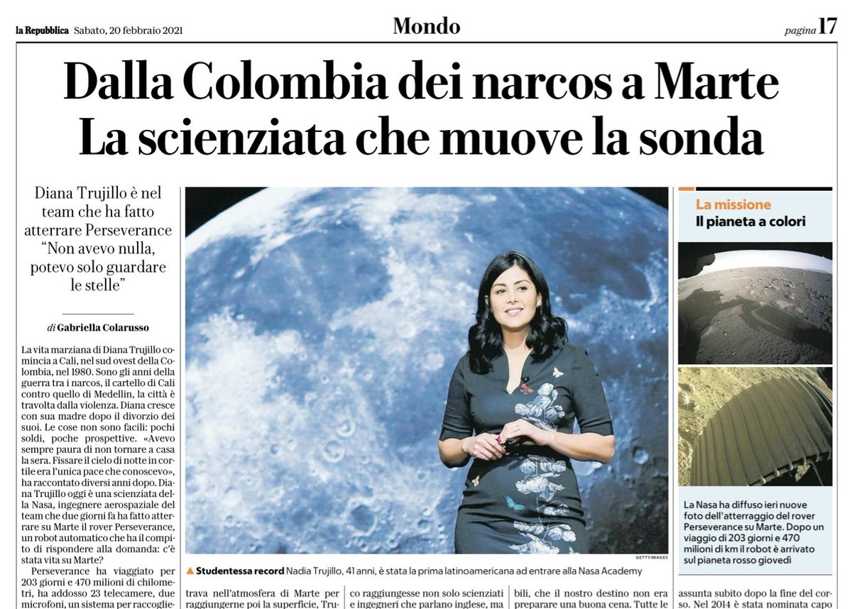 Da <a href="/Repubblica/">Repubblica</a> di oggi:
a proposito della scienziata della NASA, Diana Trujillo. Dovevano essere "precisi" e scrivere "dalla Colombia dei narcos". Come a dire che "El Espectador", scriva di Samantha Cristoforetti "dall'Italia della mafia".
E naturalmente all'estero si incazzano.
