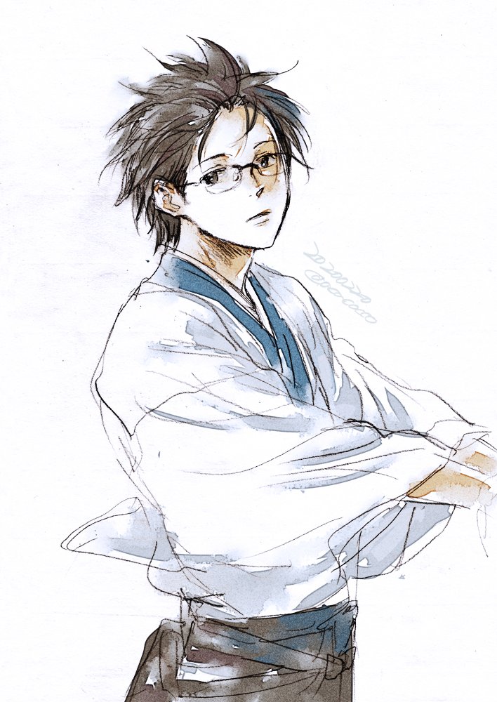 1boy solo male focus glasses japanese clothes white background kimono  illustration images