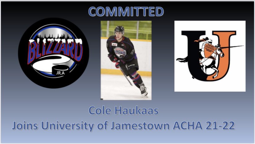 NorManBlizzJrA's tweet photo. We have a COMMITMENT after 101 games played with his hometown Blizzard # 9 @ColeHaukaas has signed his letter to join the ACHA University of Jamestown @JimmieAthletics for the 21-22 season #PlayHereGoAnywhere https://t.co/z3c3io1nmO