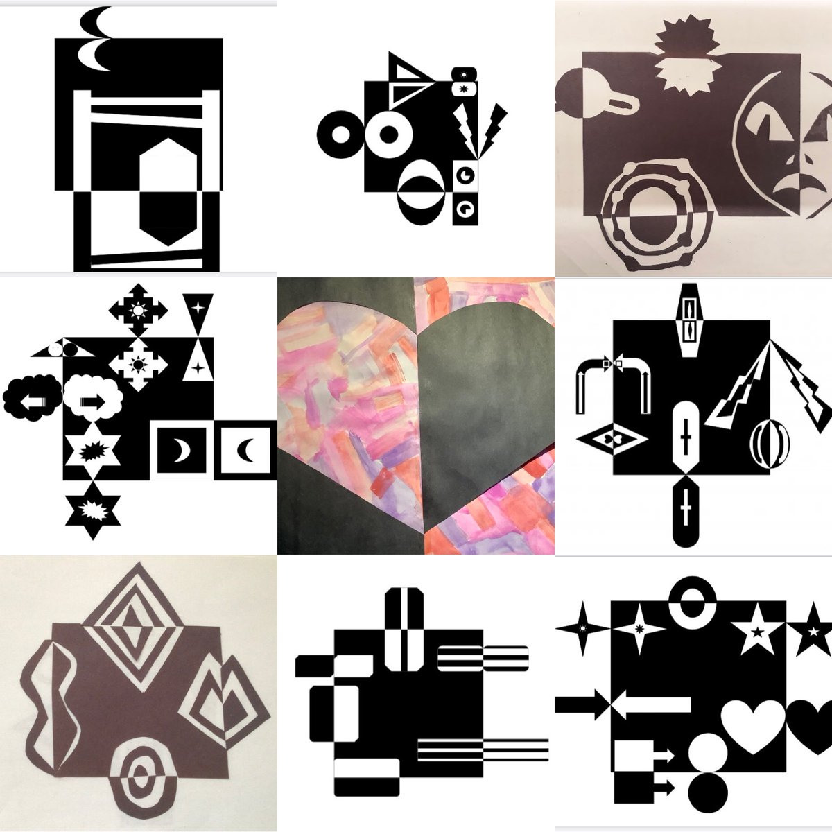 ArtsMme's tweet image. Grade 5 artists @AClarksonPS rocked the online art time and learned about the element of space. Positive/negative space #Notan designs 👤 #GoogleDrawing