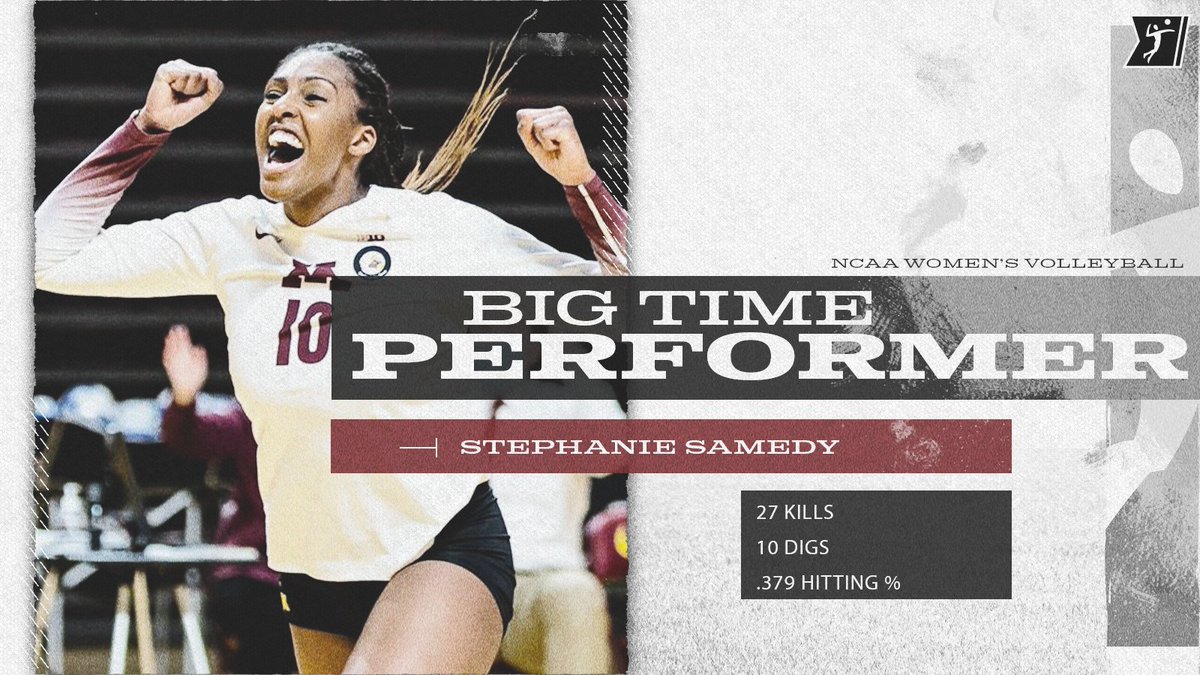 NCAAVolleyball's tweet photo. Two big time players...two big time performers! ✨

@StephanieSamedy's stardom continues to rise with yet another 20+ kill outing while @PittmanRegan has the front down on 🔒 with 14 blocks as @GopherVBall  took down No. 4 Nebraska in four on the road Friday night.

#NCAAVB https://t.co/xrgkcHUE4T