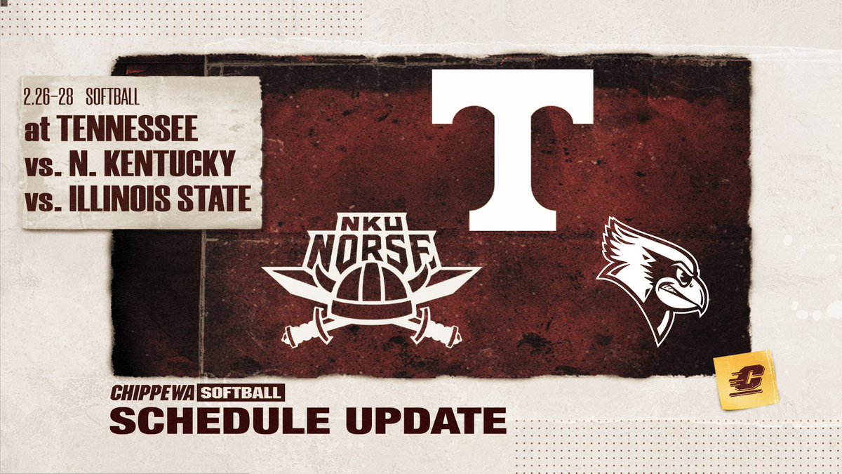 CMUSoftball's tweet photo. 🚨 SCHEDULE UPDATE 🚨

The Chippewas will now open the 2021 season on Friday, Feb. 26 vs. Northern Kentucky in Knoxville, Tenn. 

CMU will also face the host Volunteers and Illinois State over the weekend. 

👀 COMPLETE SCHEDULE ➡️ https://t.co/gXl5ZRNEFZ

#FireUpChips 🔥⬆️🥎 https://t.co/FbC2RMtBOm