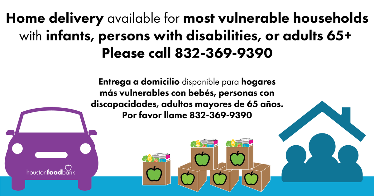 🚘 Home Delivery Services 🚘
For the most vulnerable needing immediate assistance. 
Households receive a home delivered disaster box/water if they are:
☑️ Seniors 65+
☑️ Persons with disabilities
☑️ Infants  

Reservations taken thru Mon, Feb 22 at 832-369-9390