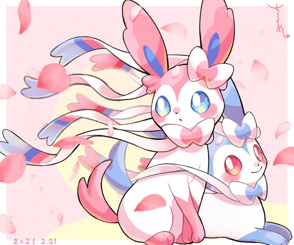 sylveon pokemon (creature) no humans closed mouth blue eyes smile white border blush  illustration images